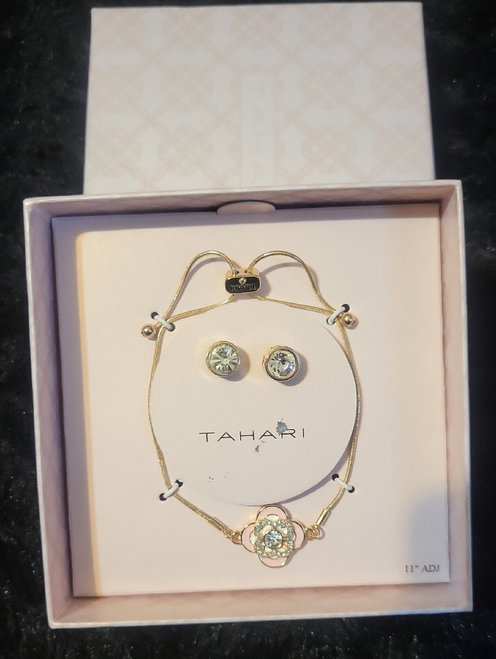 Tahari Gold Tone Flower Bracelet with Crystal Like Stud Earrings - Picture 1 of 2